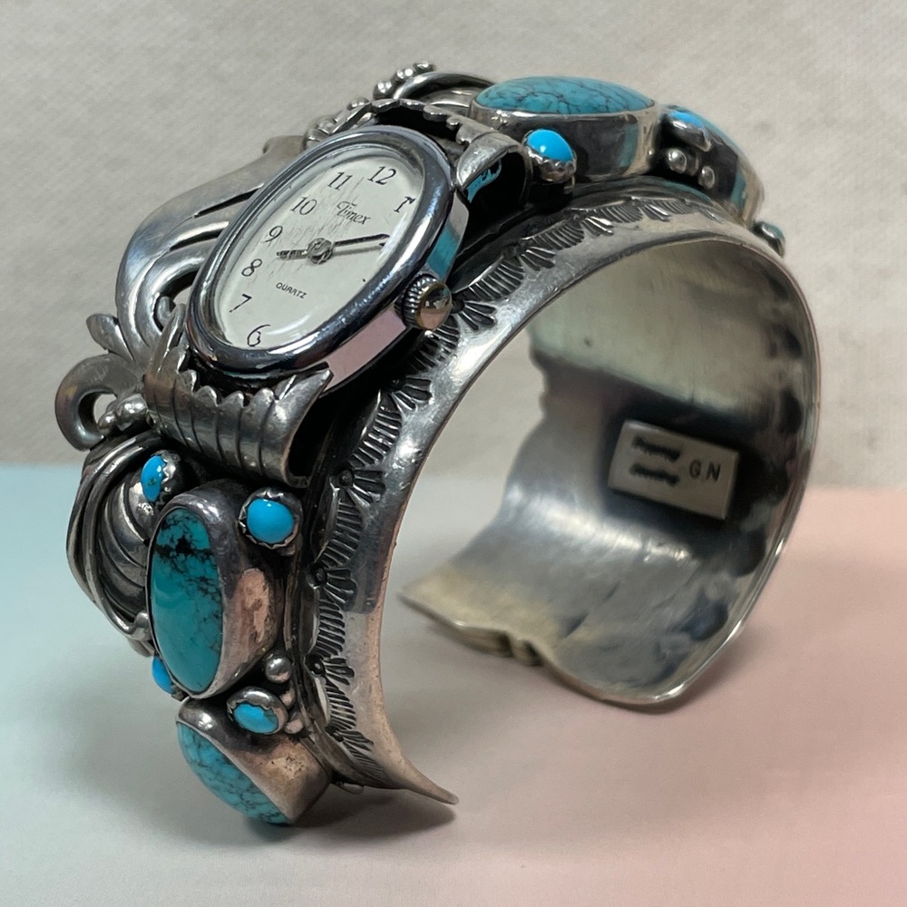 Native American Sterling Silver Turquoise Decorative Bangle Bracelet Watch - Picture 6 of 15